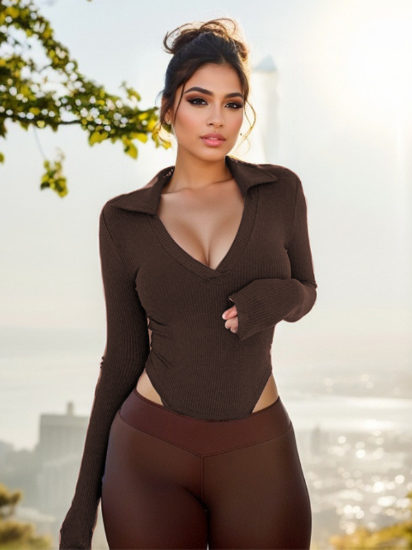 Sexy Trendy Slim-Fit Polo Collar Long-Sleeve Bodysuits