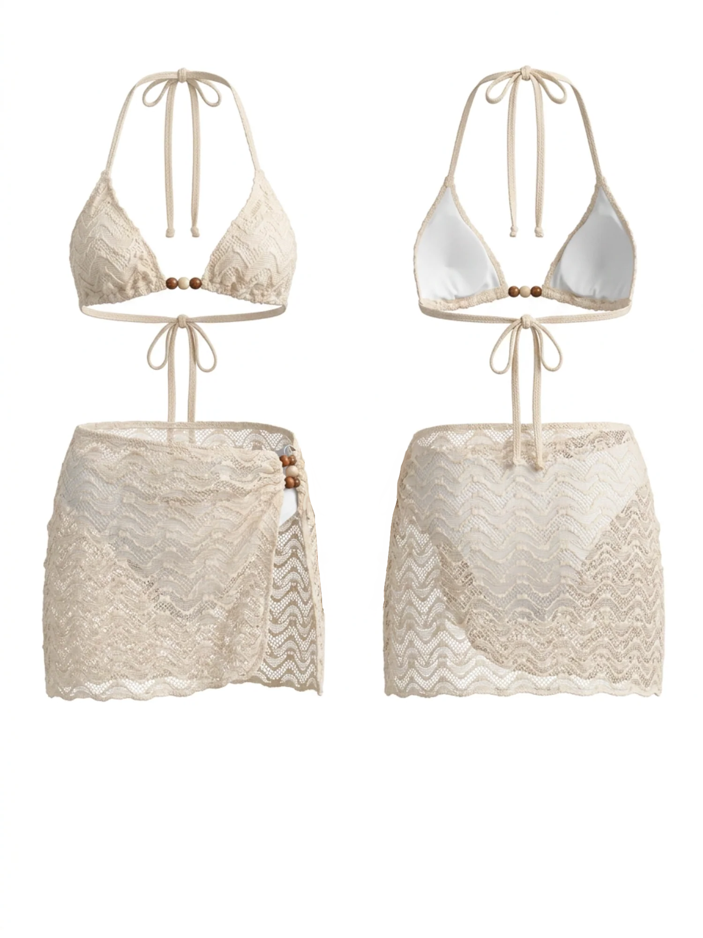 Wave Crochet Bead Halter Bikini Wrap Skirt 3 Piece Set