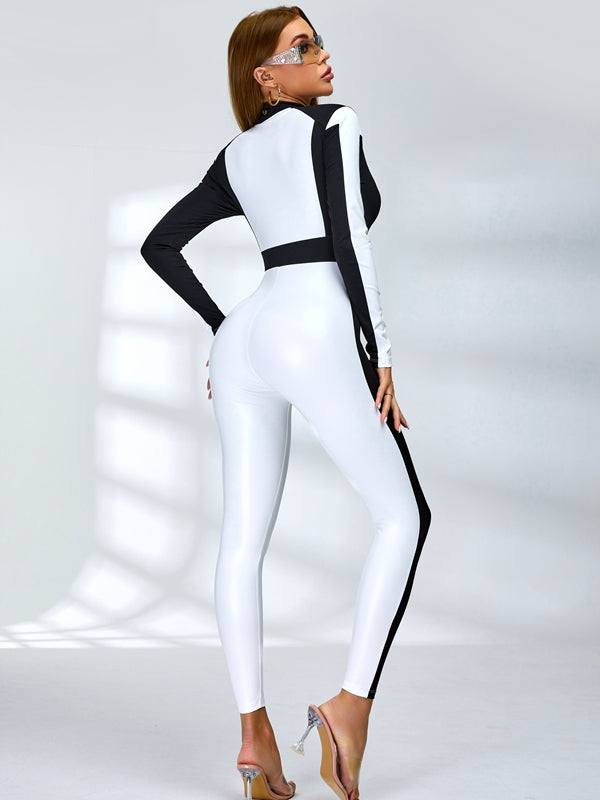 "SciFi Heroine" Contrast Color PU Half Zipper Ski Jumpsuit