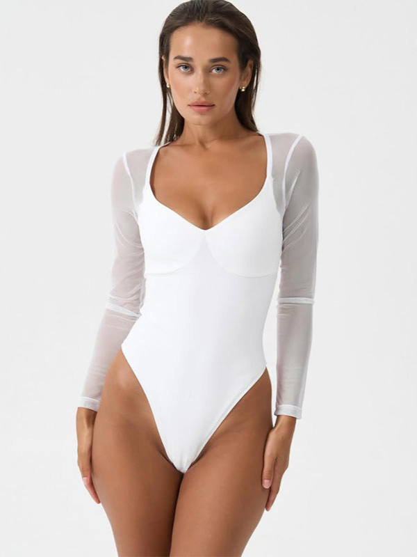 Sexy Mesh Patchwork Slim Long Sleeve Bodysuit