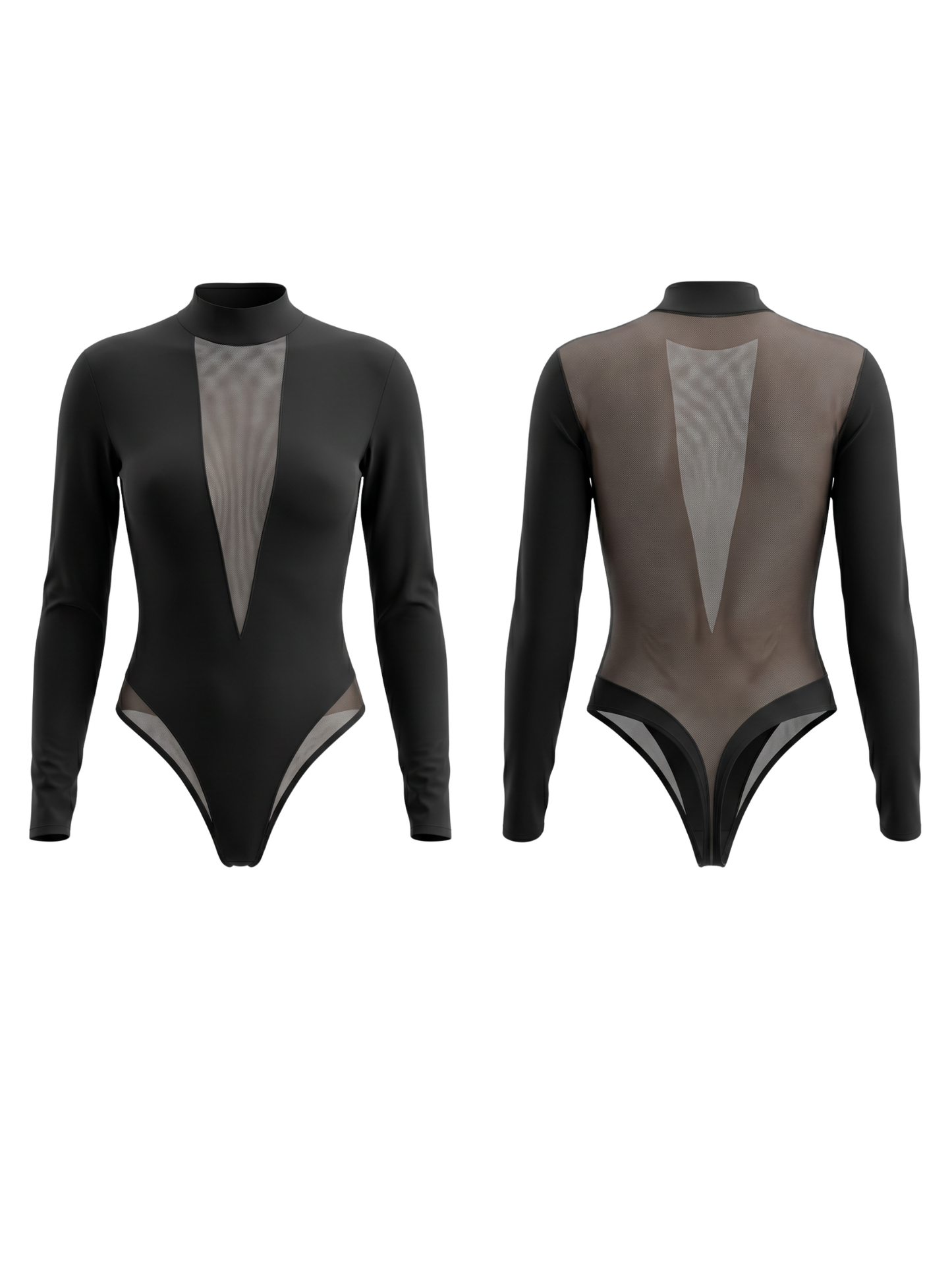 Sexy Deep V See-Through Mesh Patchwork Long Sleeve Bodysuit