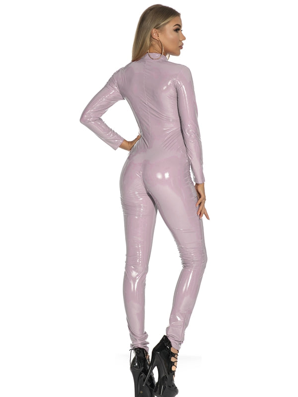 ZASUWA Damen-Jumpsuit aus glänzendem PU-Kunstleder mit Reißverschluss