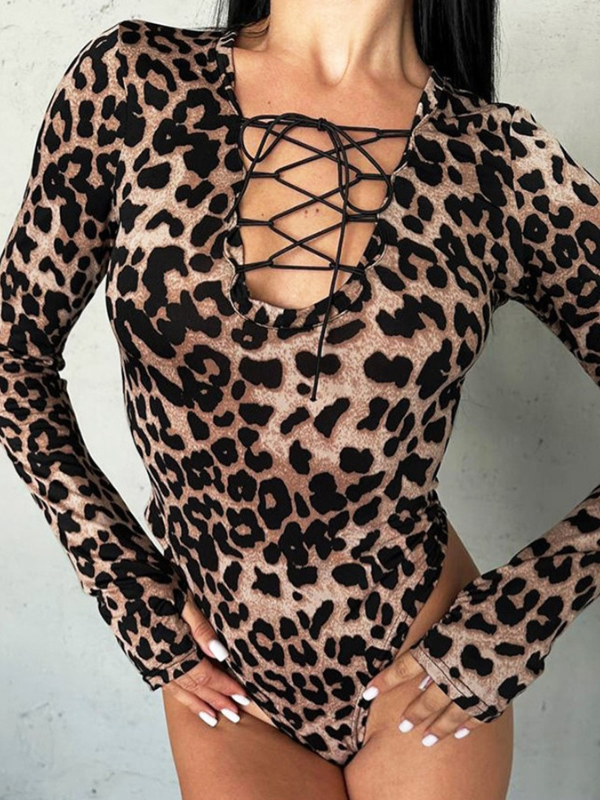 Drawstring V-Neck Trendy Leopard Print Long-Sleeve Bodysuits