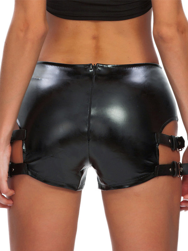 Sexy Faux Leather Hollow Out with Metal Booty Shorts