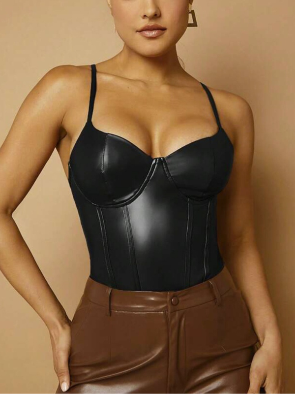 Sexy Cami Waist-Cinching Slim-Fit PU Bodysuits
