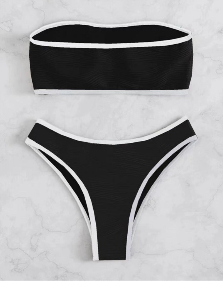 Cream & Brown Contrast Trim Textured Bandeau Bikini Set