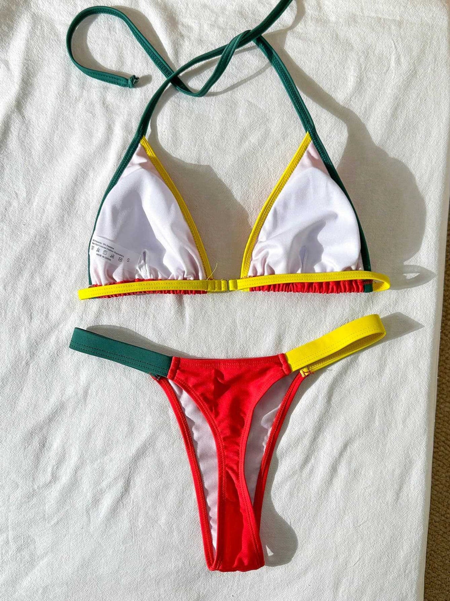 Red Green Yellow Contrast Trim Halter Triangle Bikini Set