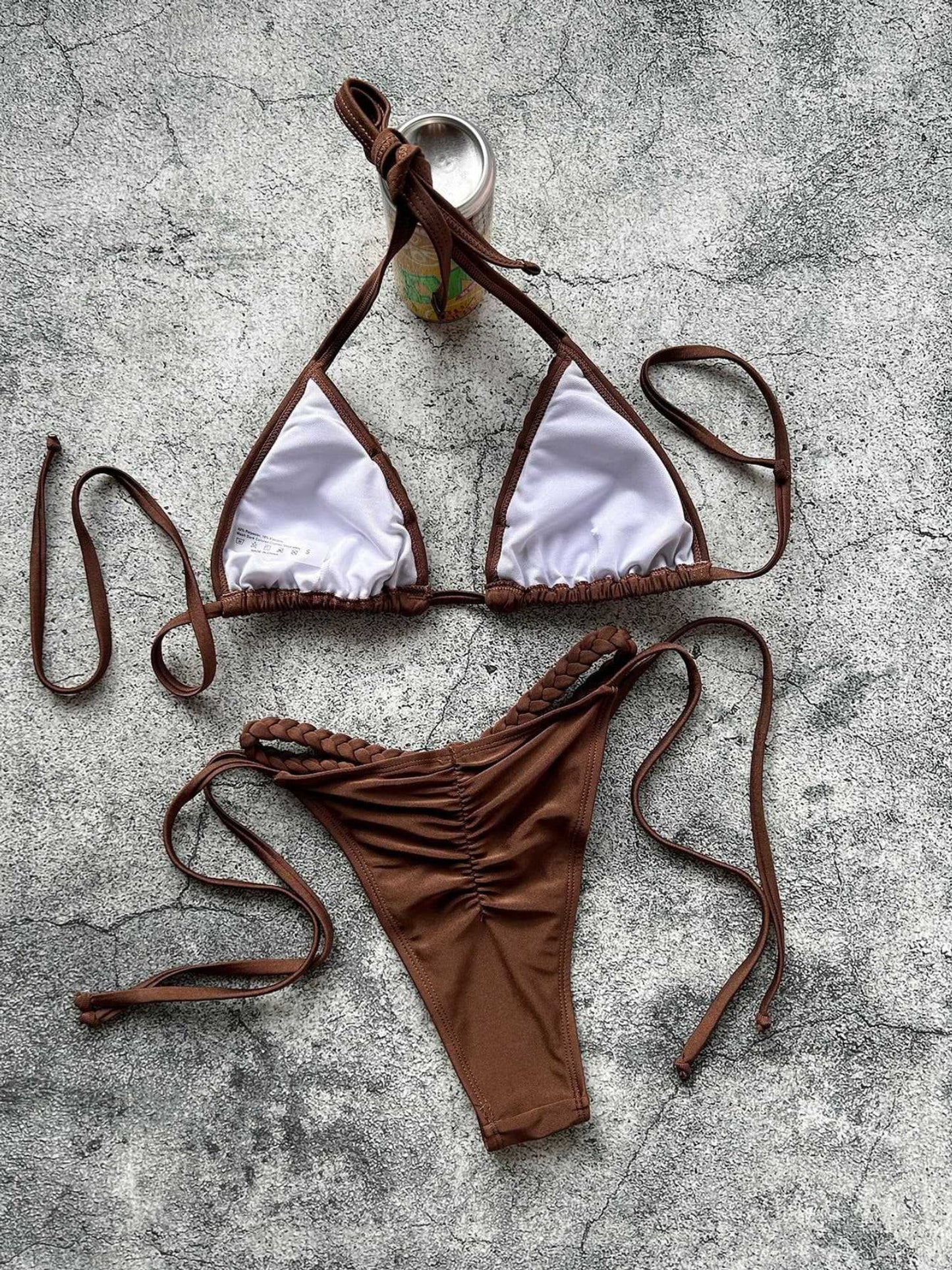 Brown Braided Trim Halter Tie Side Triangle Bikini Set