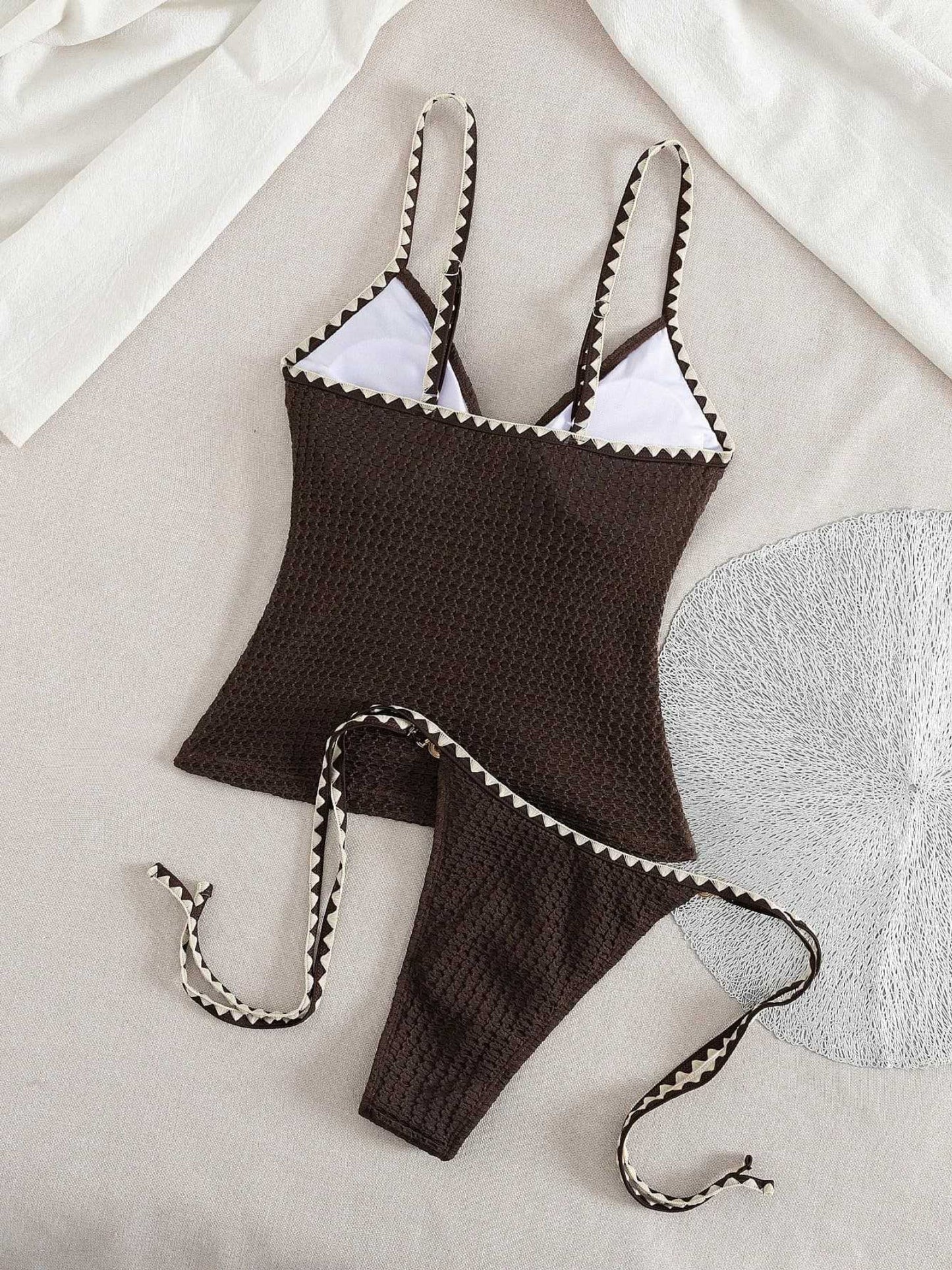 Chic Contrast Trim Cutout O-Ring Textured Bikini Set