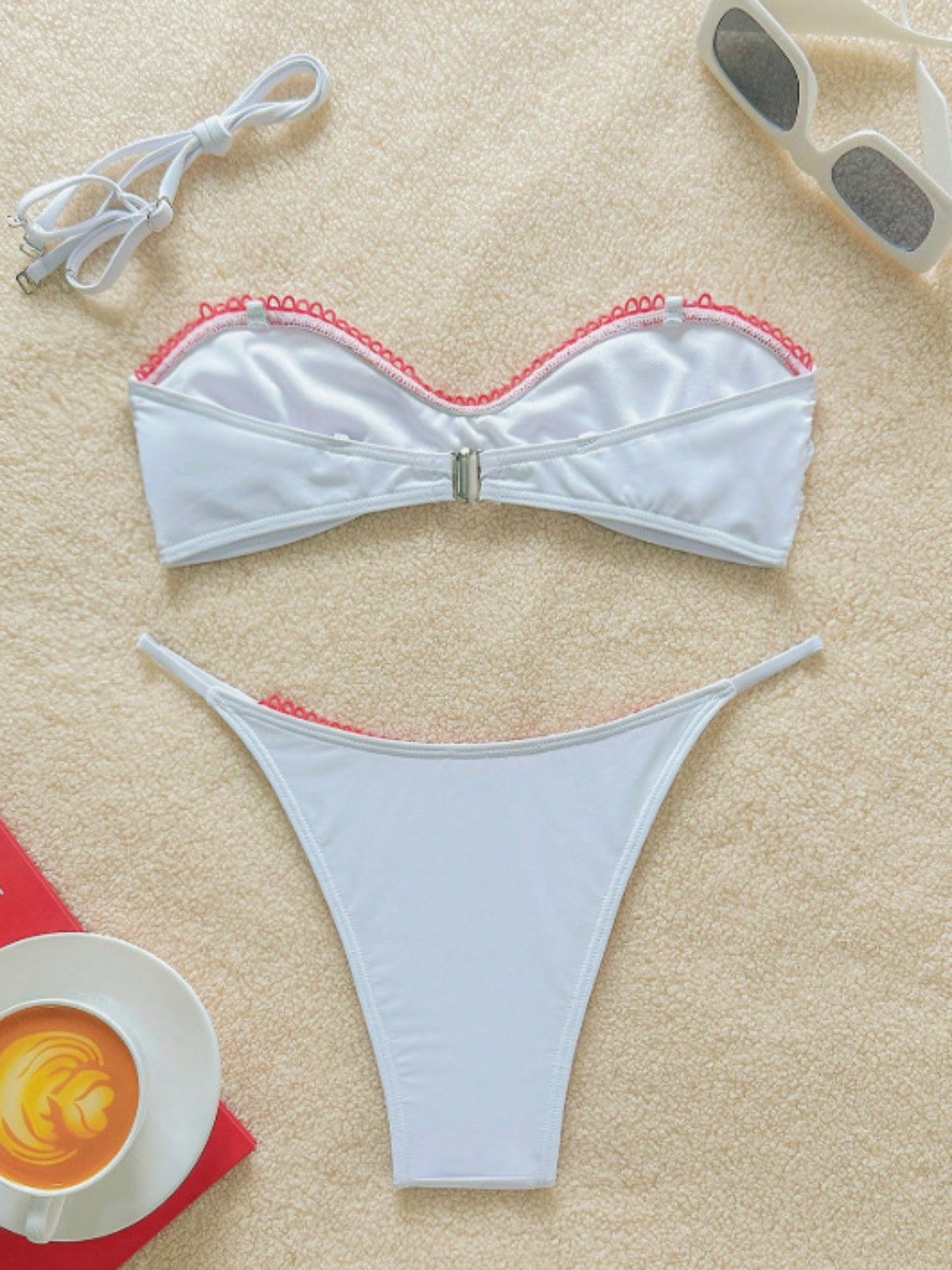 Vintage White Red Pom Pom Trim Spaghetti Strap Bikini