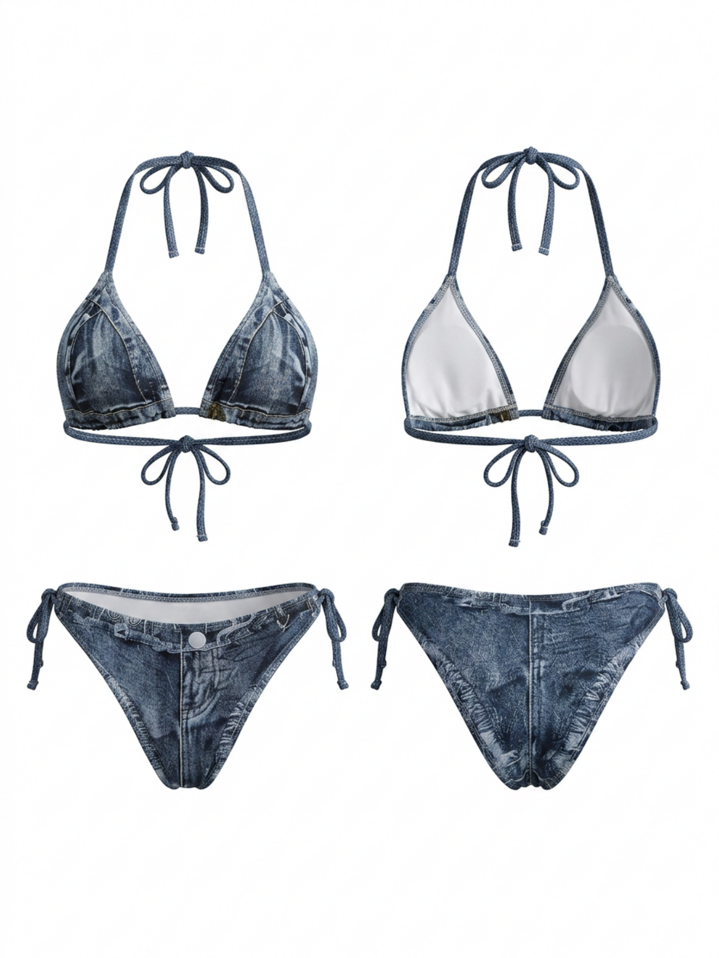 Denim Print Halter Triangle Bikini Set