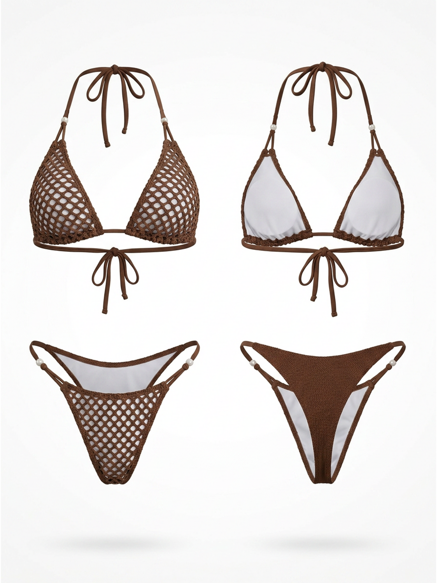 Brown Crochet Mesh Halter Bikini Set