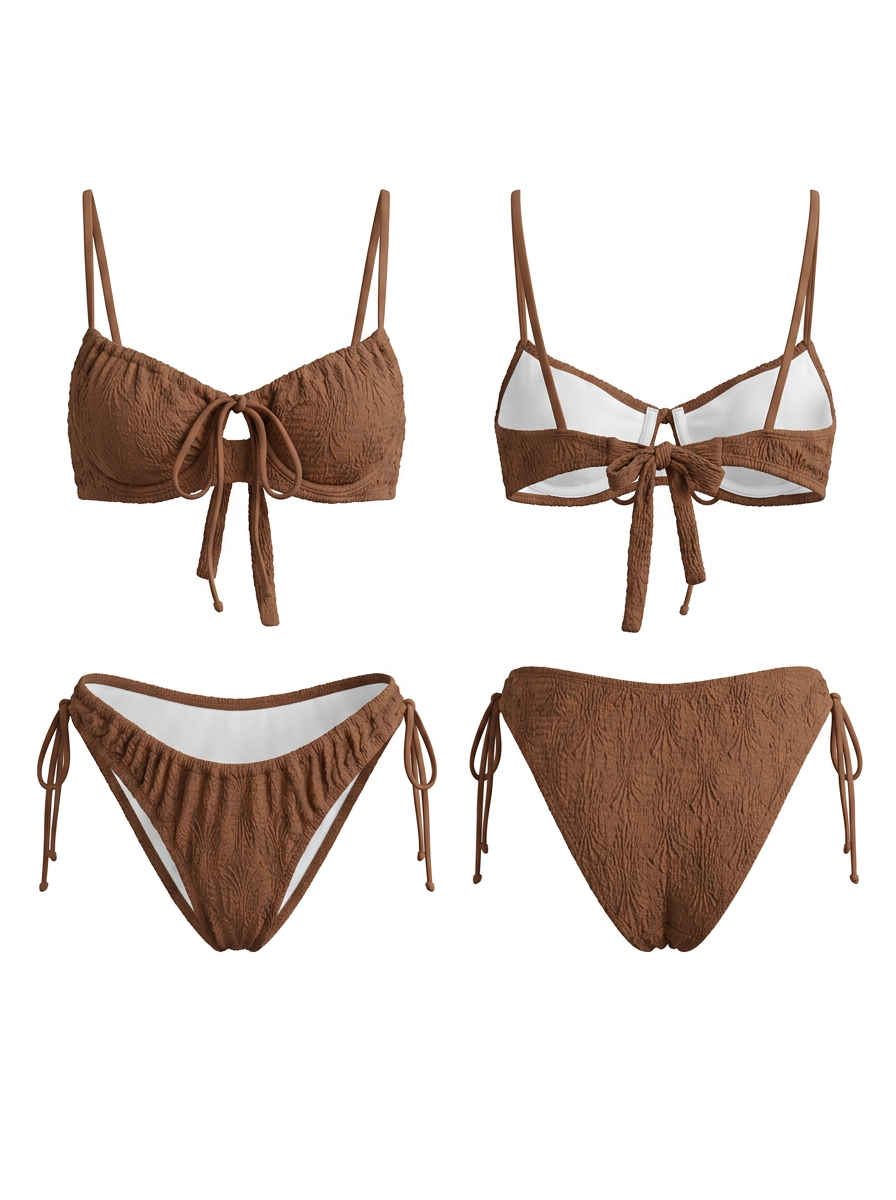 Brown Textured Ruched Bikini Set