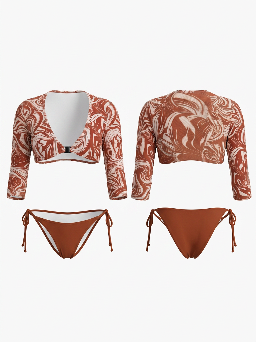 Red Ripple Print Long Sleeve Sun Protection Bikini