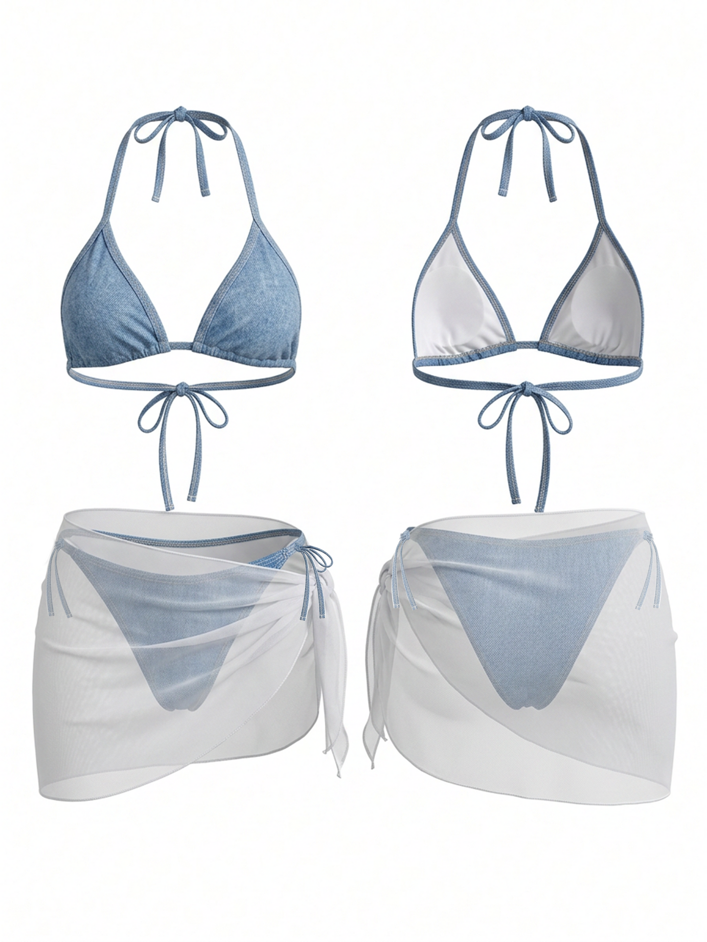 Denim Print Halter Bikini 3 Piece Set