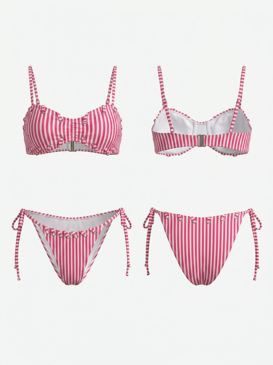 Pink White Vertical Stripe Underwire Ruffle Side Tie Bikini Set