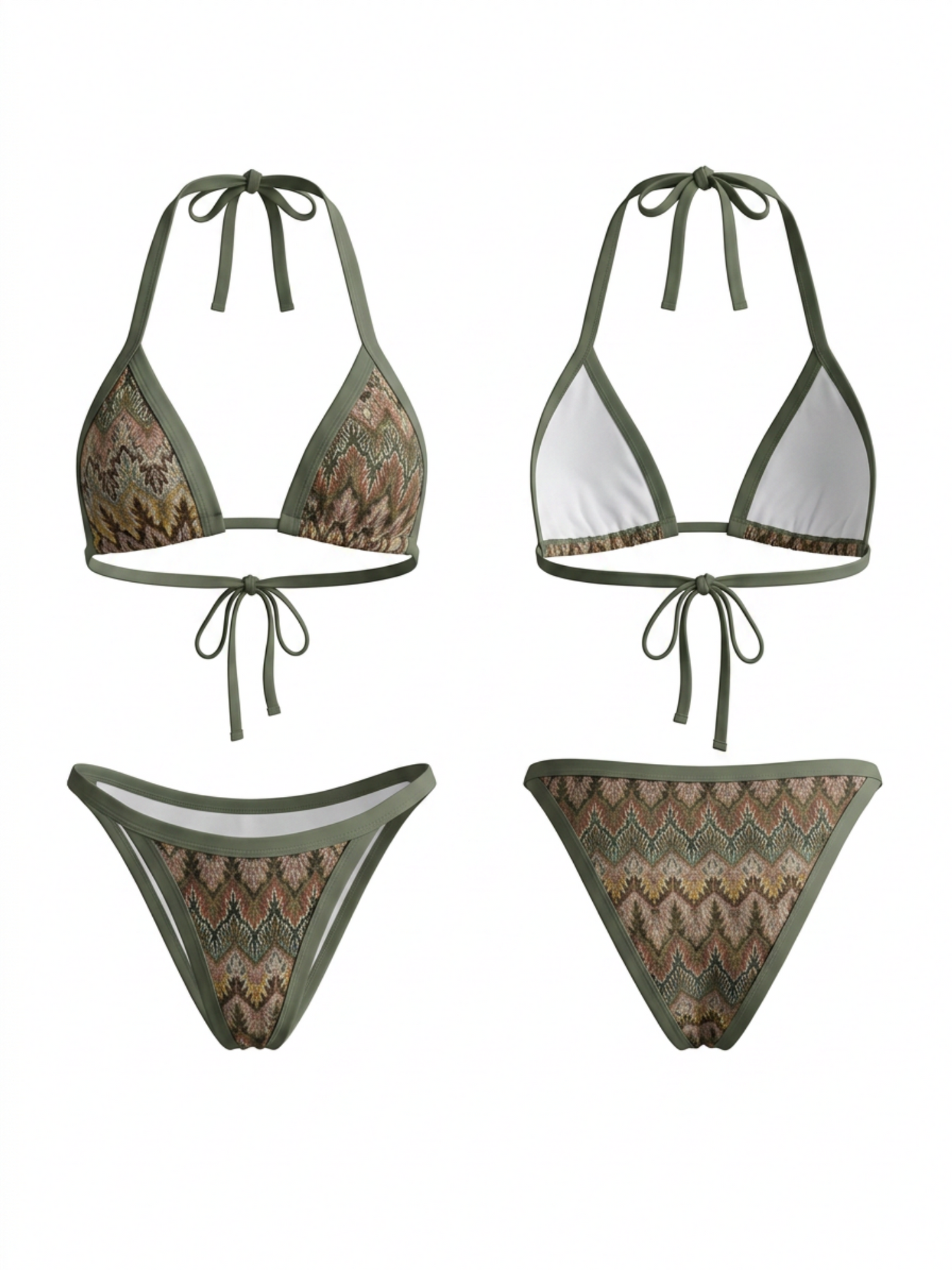 Boho Chevron Print Contrast Green Trim Halter Bikini Set