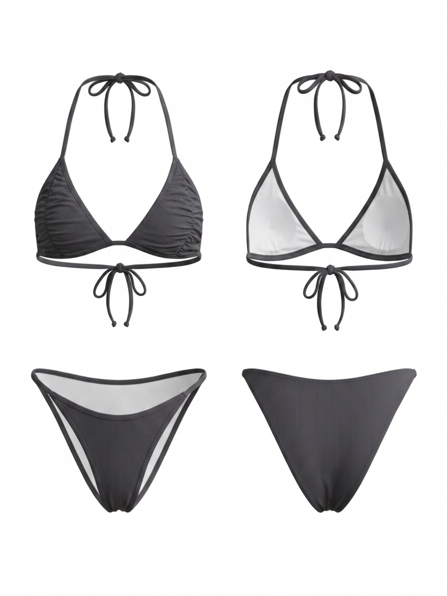 Dark Grey Ruched Halter Thin String High Cut Two Piece Bikini
