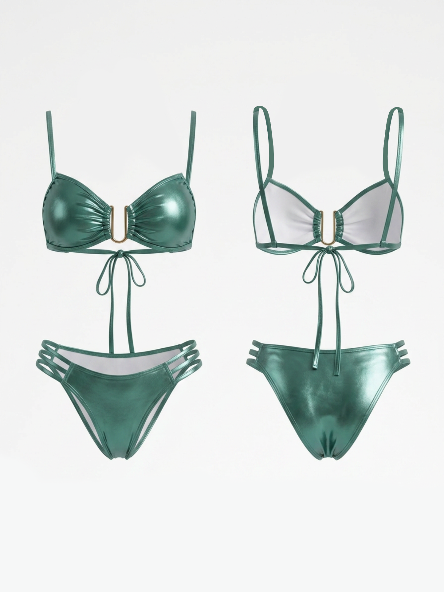 Metallic Sage Green U-Ring Thin Strap Triple Band Bikini Set
