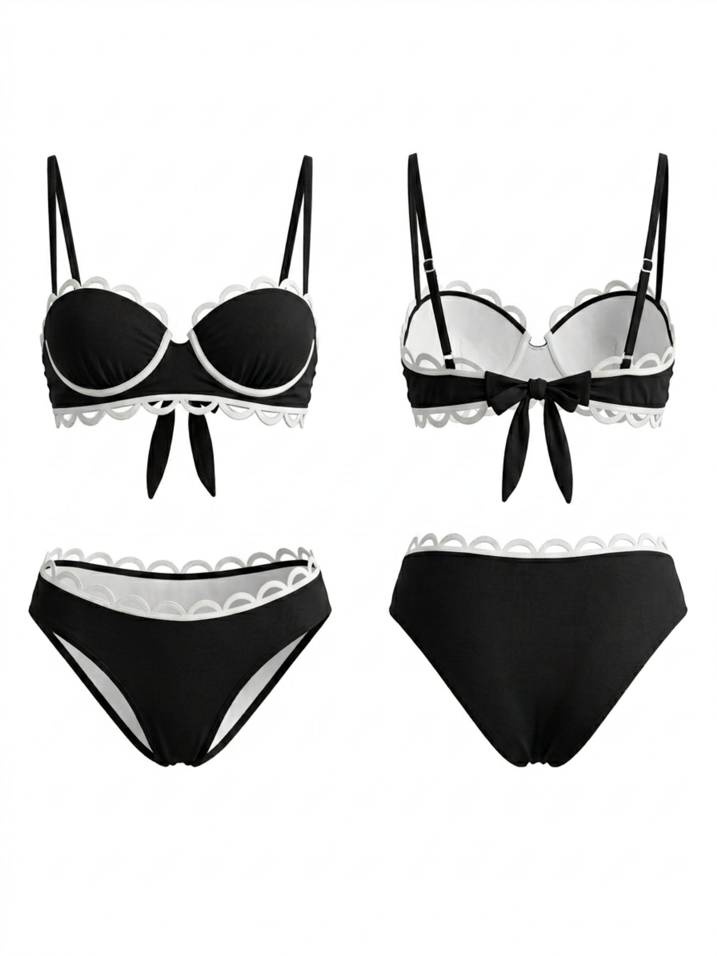 Black White Scallop Trim High Waist Cutout Two Piece Bikini Set