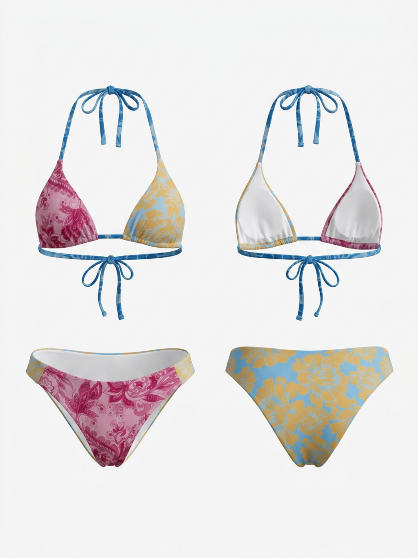 olor Block Floral Patchwork Halter Triangle Bikini