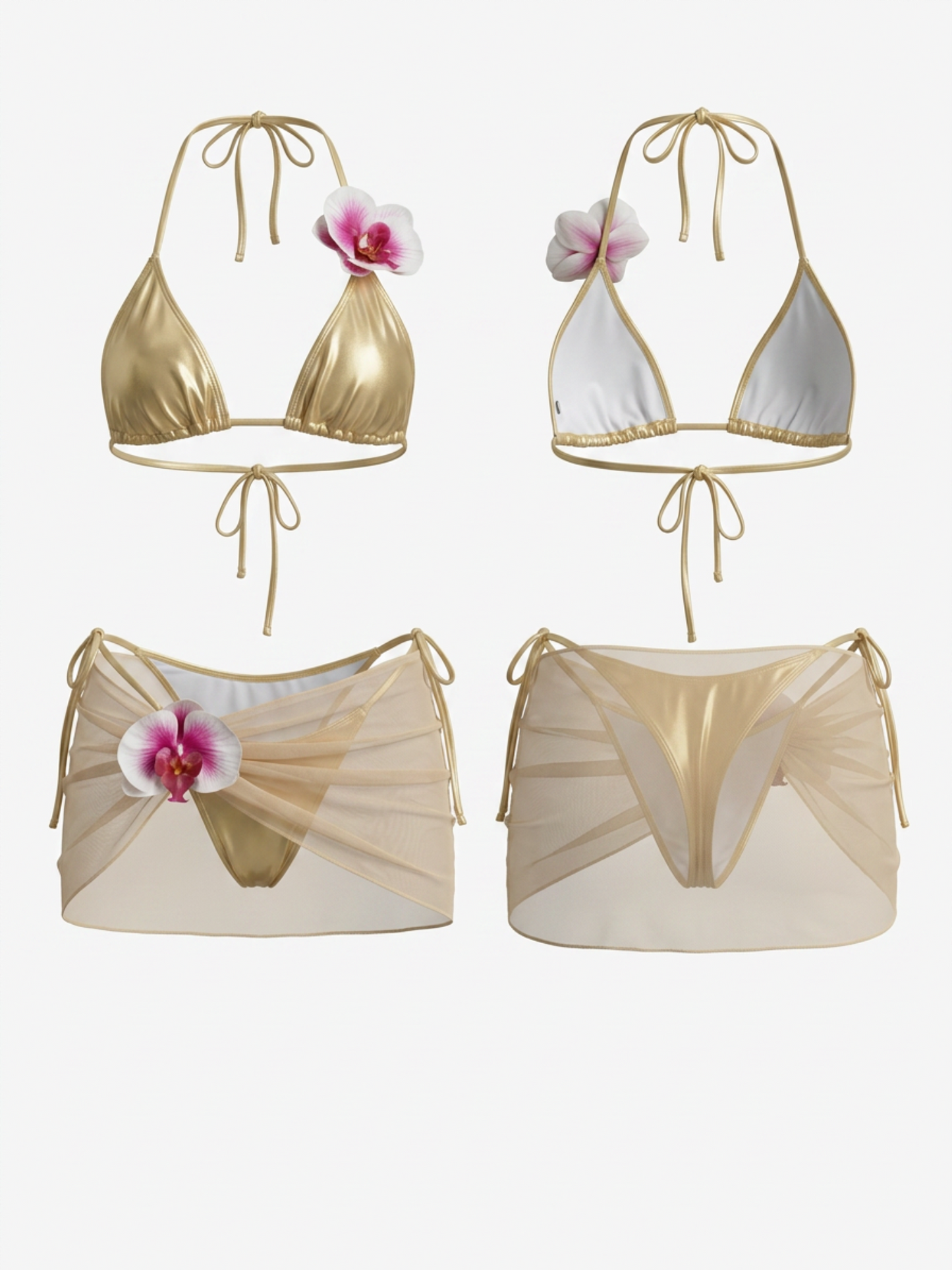 Shiny Satin Bikini with Mesh Sarong 3 Piece Set