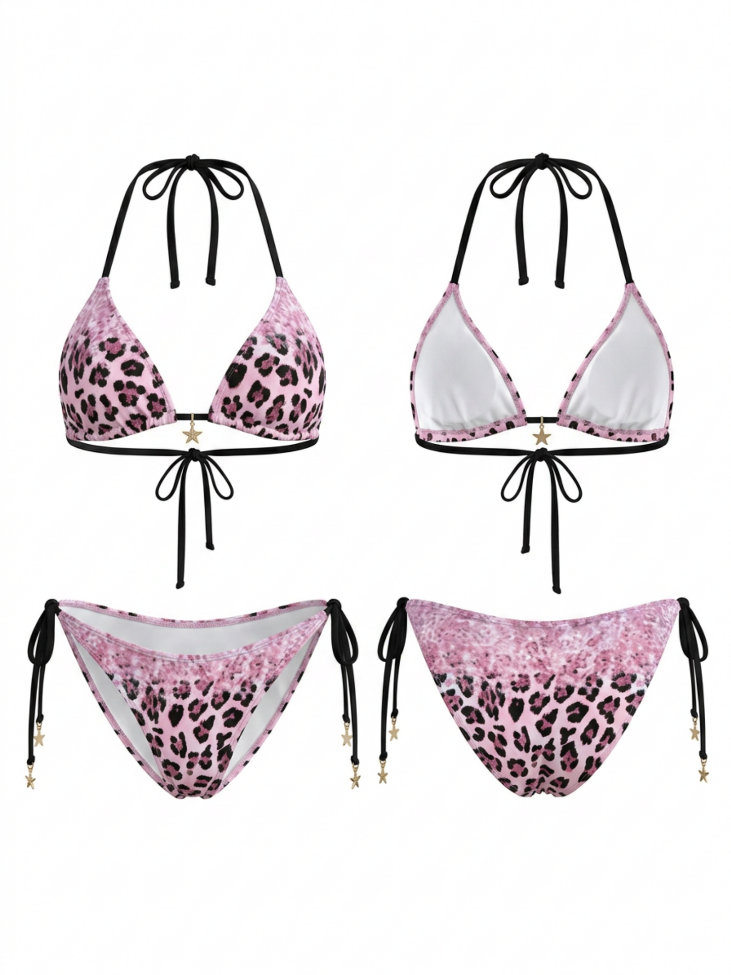 Pink Gradient Leopard Halter Side Tie Bikini Set