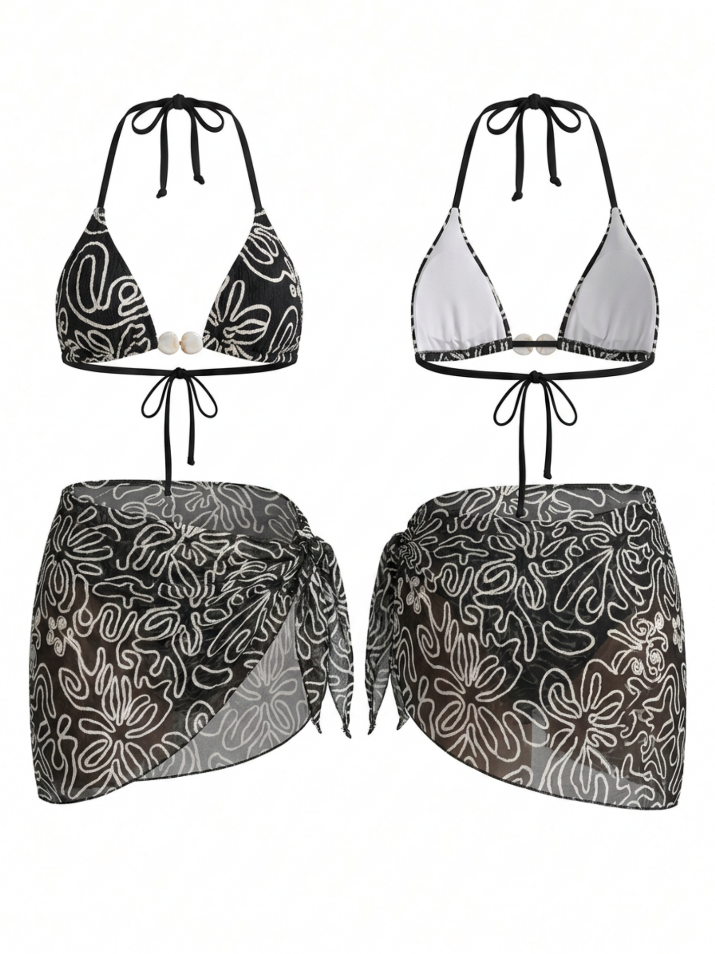 Abstract Print Bikini with Wrap Skirt 3 Piece Swim Set