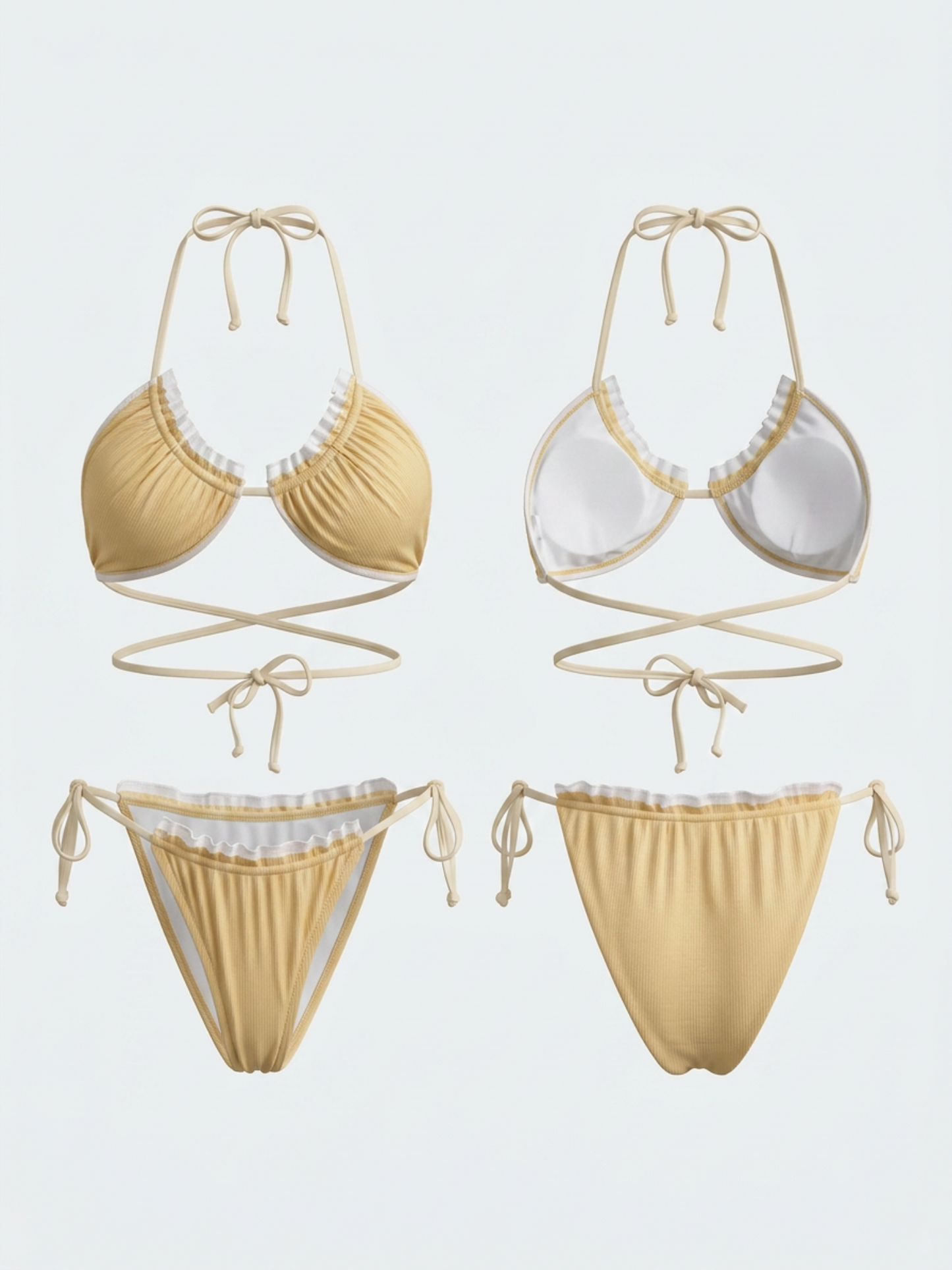 Ruffle Trim Textured Halter Side Tie Bikini Set