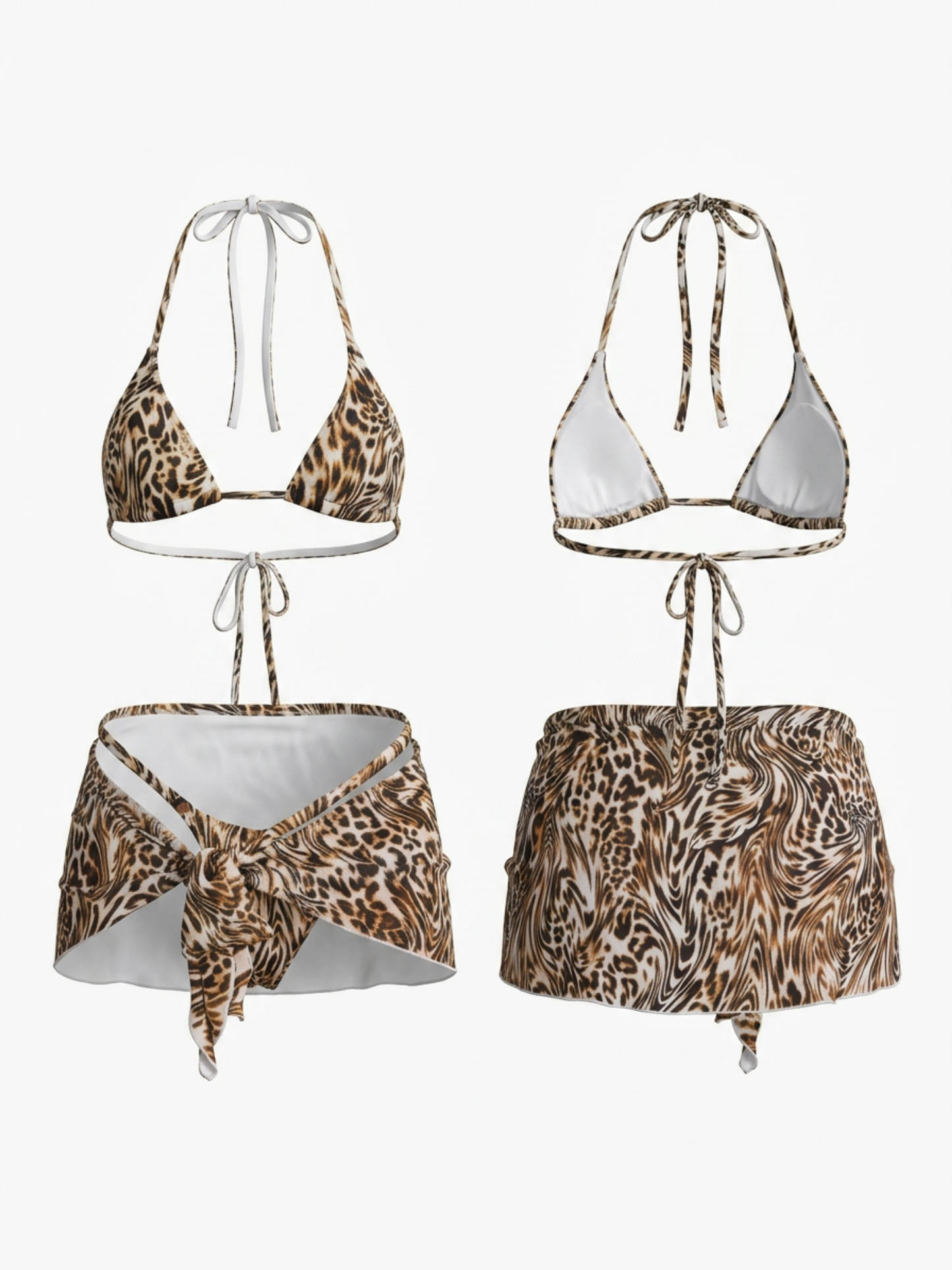 Leopard Print Halter Bikini Matching Wrap Skirt 3 Piece Set