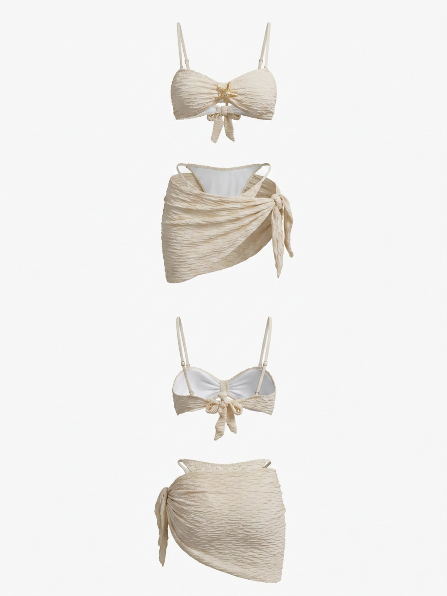 Cream Textured Star Buckle Bikini Side Tie Wrap Skirt 3 Piece