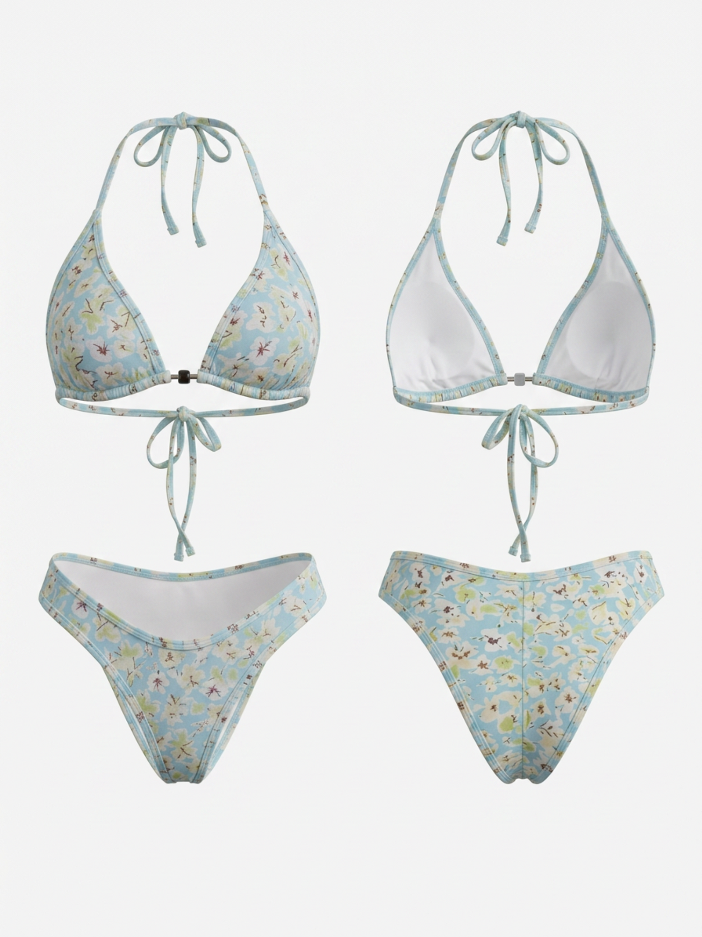 Light Blue Floral Halter Metal Buckle Two Piece Bikini Set