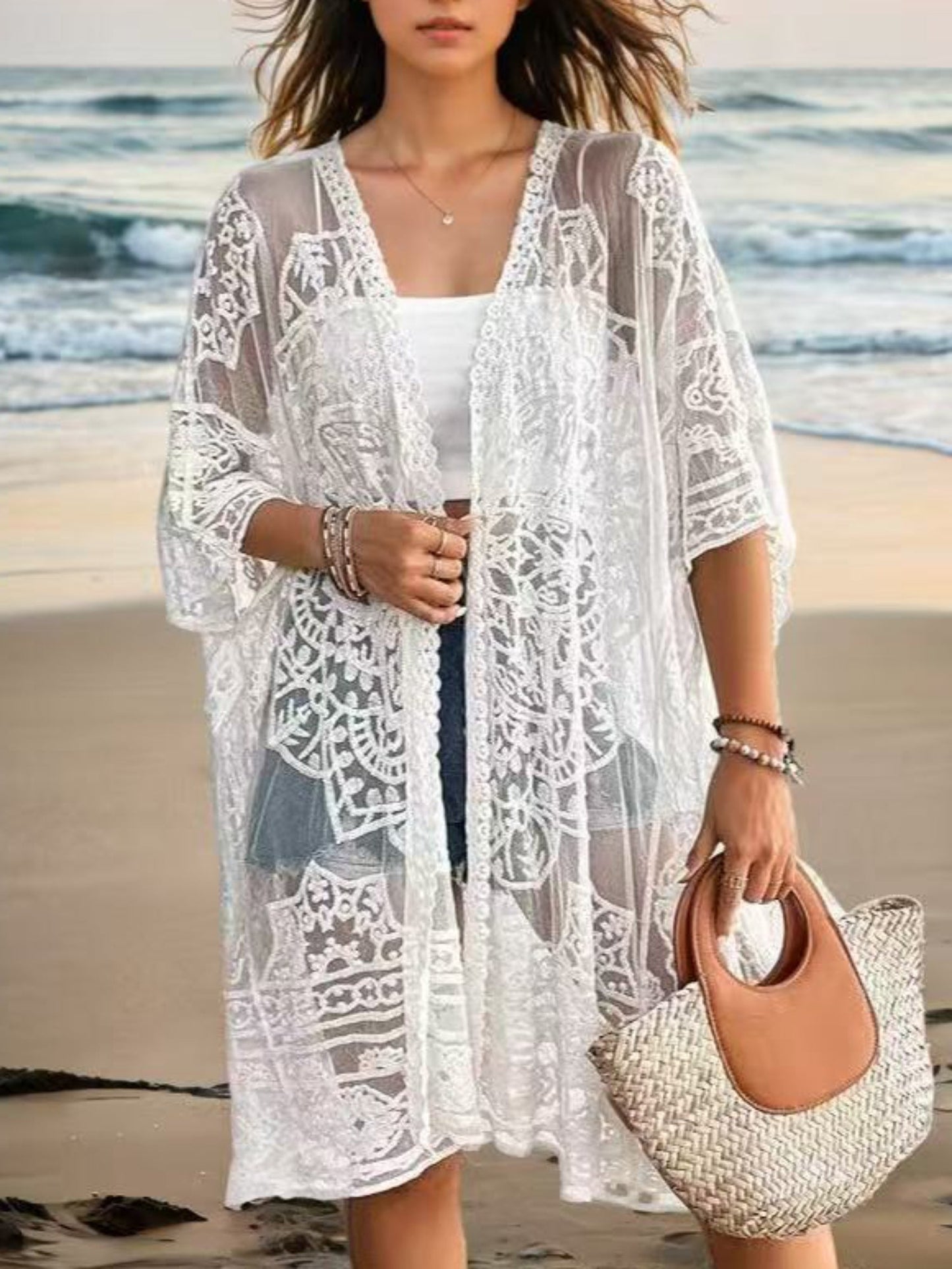 Lightweight White Crochet Lace Sheer Beach Sarong Cover Up