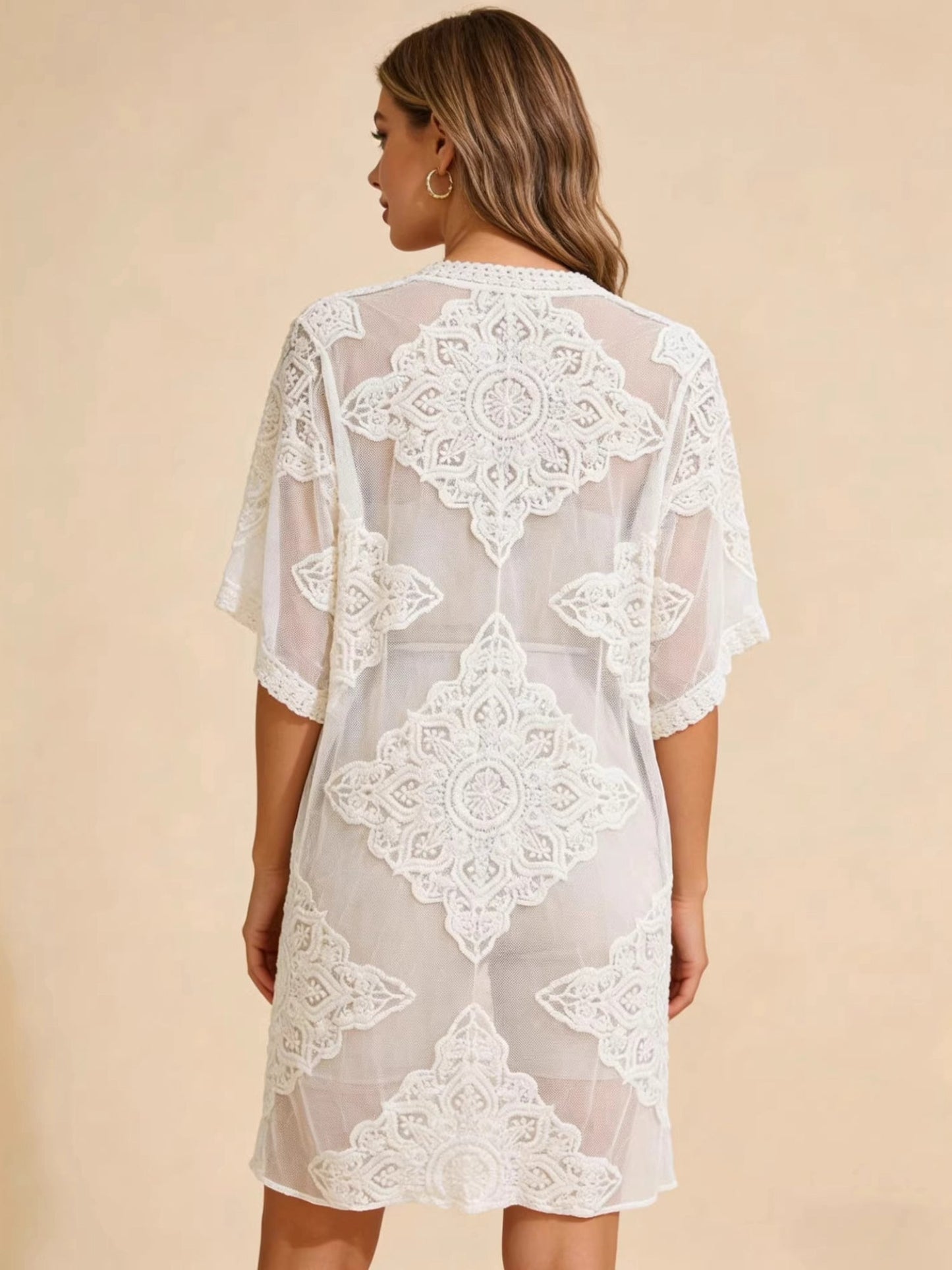 Lace Embroidery Open Front Kimono Beach Cover Up