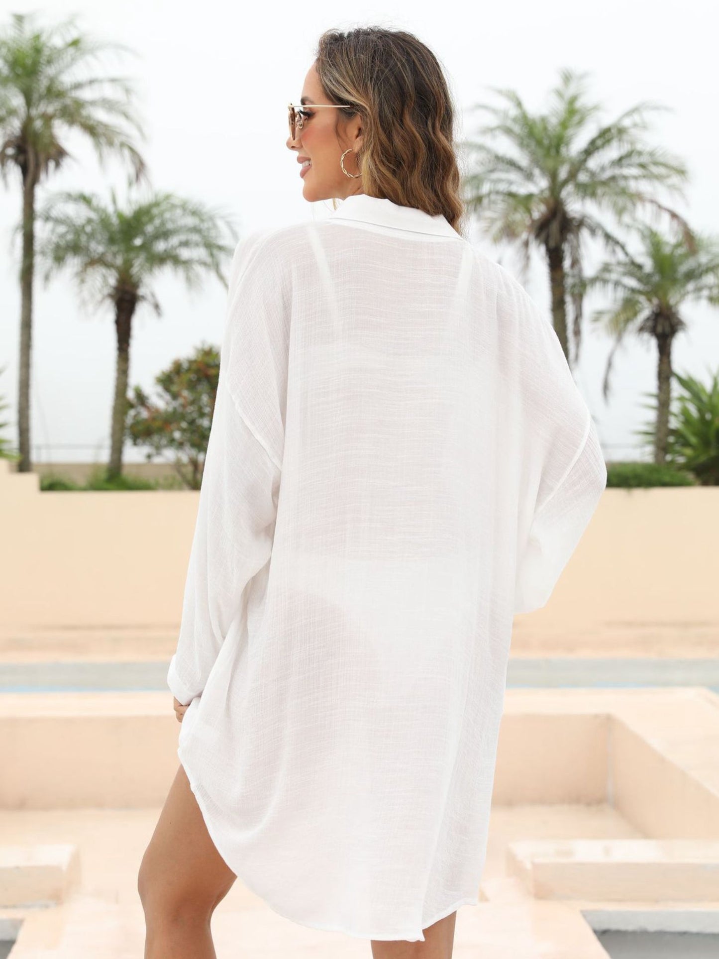 Oversized Sheer Long Sleeve Shirt Beach Cover Up
