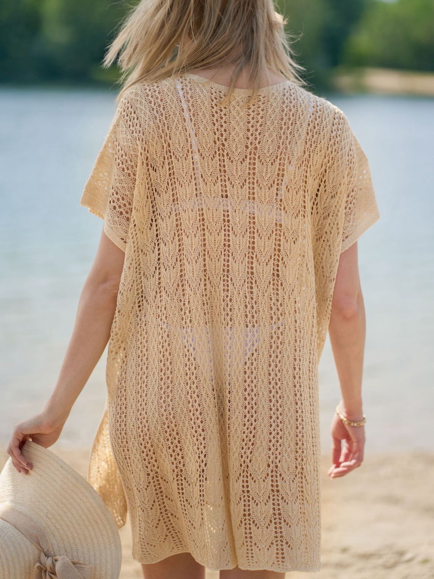 U-Neck Hollow Knit Side Slit Beach Cover Up