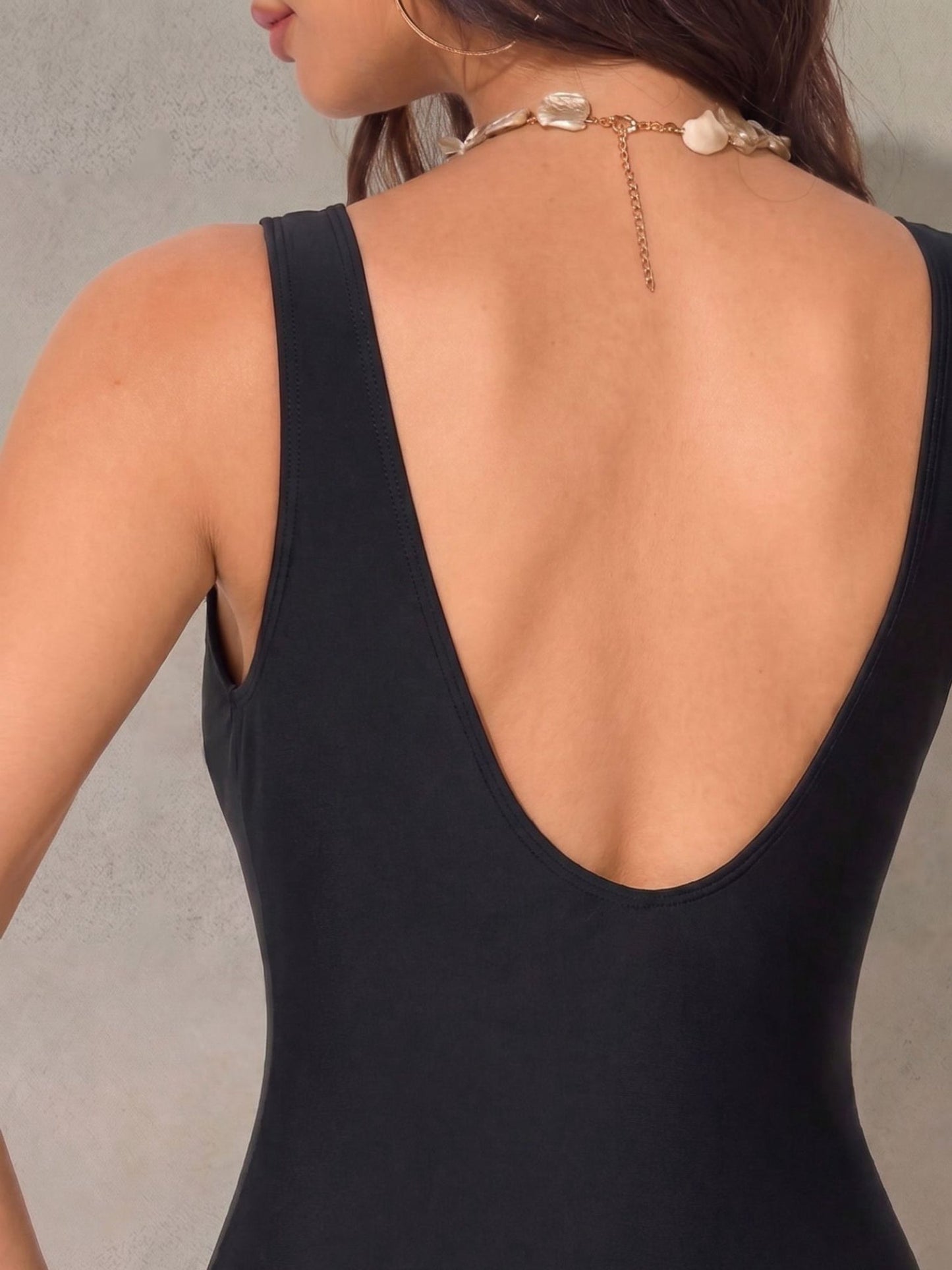 Black Square Neck One-Piece Swimsuit with Tortoiseshell Ring Straps