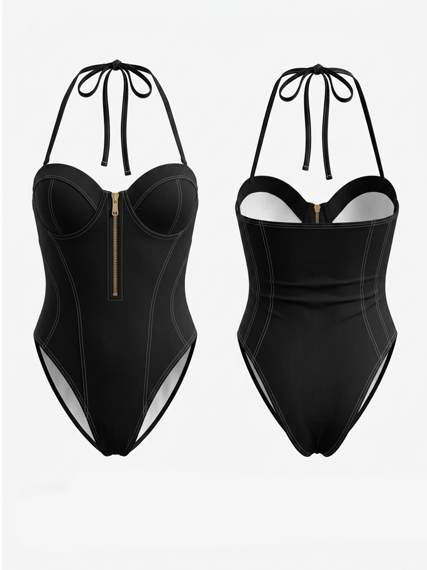 Black Corset-Style Halter One-Piece