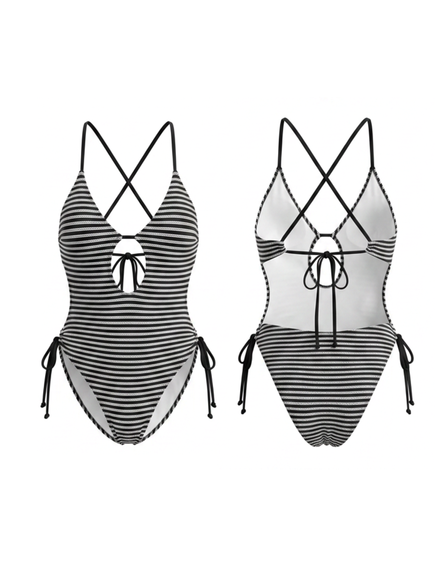 Black White Textured Stripe Cutout One Piece