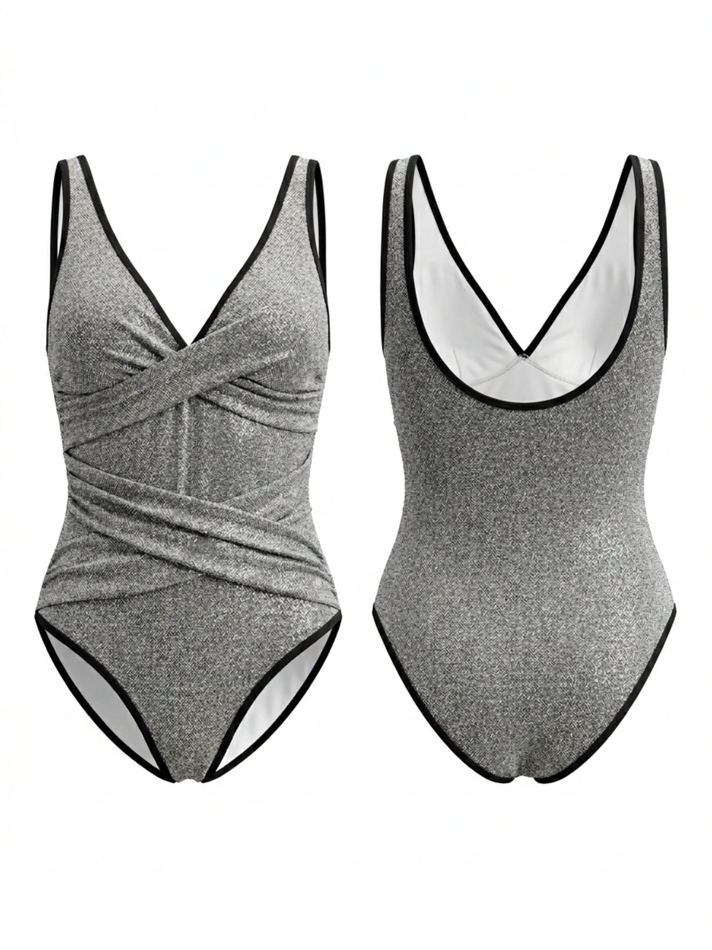 Silver Glitter Twist Front Deep V Tummy Control One Piece