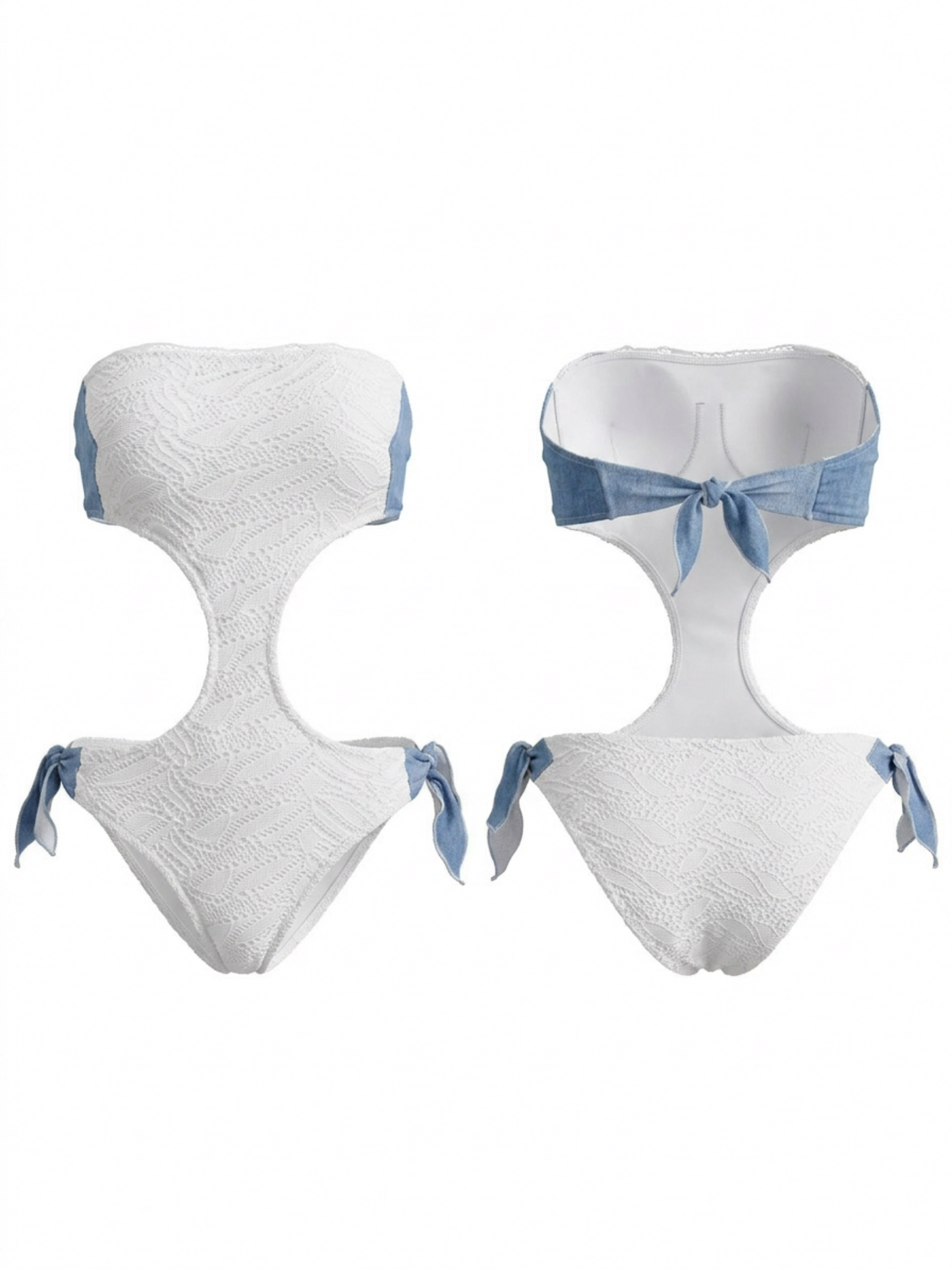 Textured White Denim Patch Side Tie Cutout Bandeau One Piece