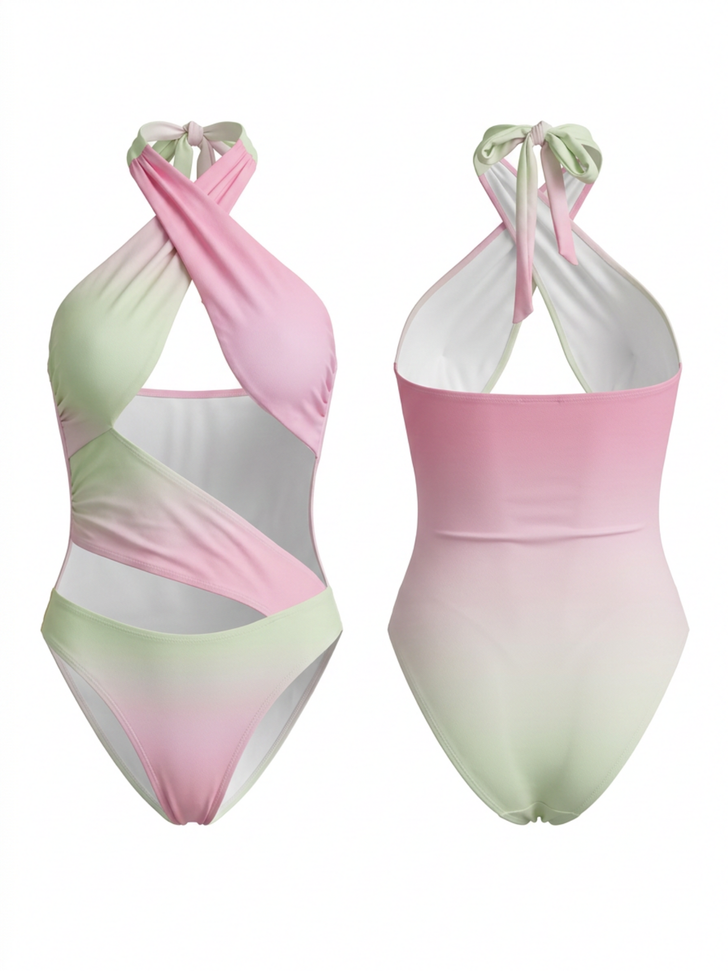 Ombre Satin Crisscross Wrap Waist High Cut Swimwear Set
