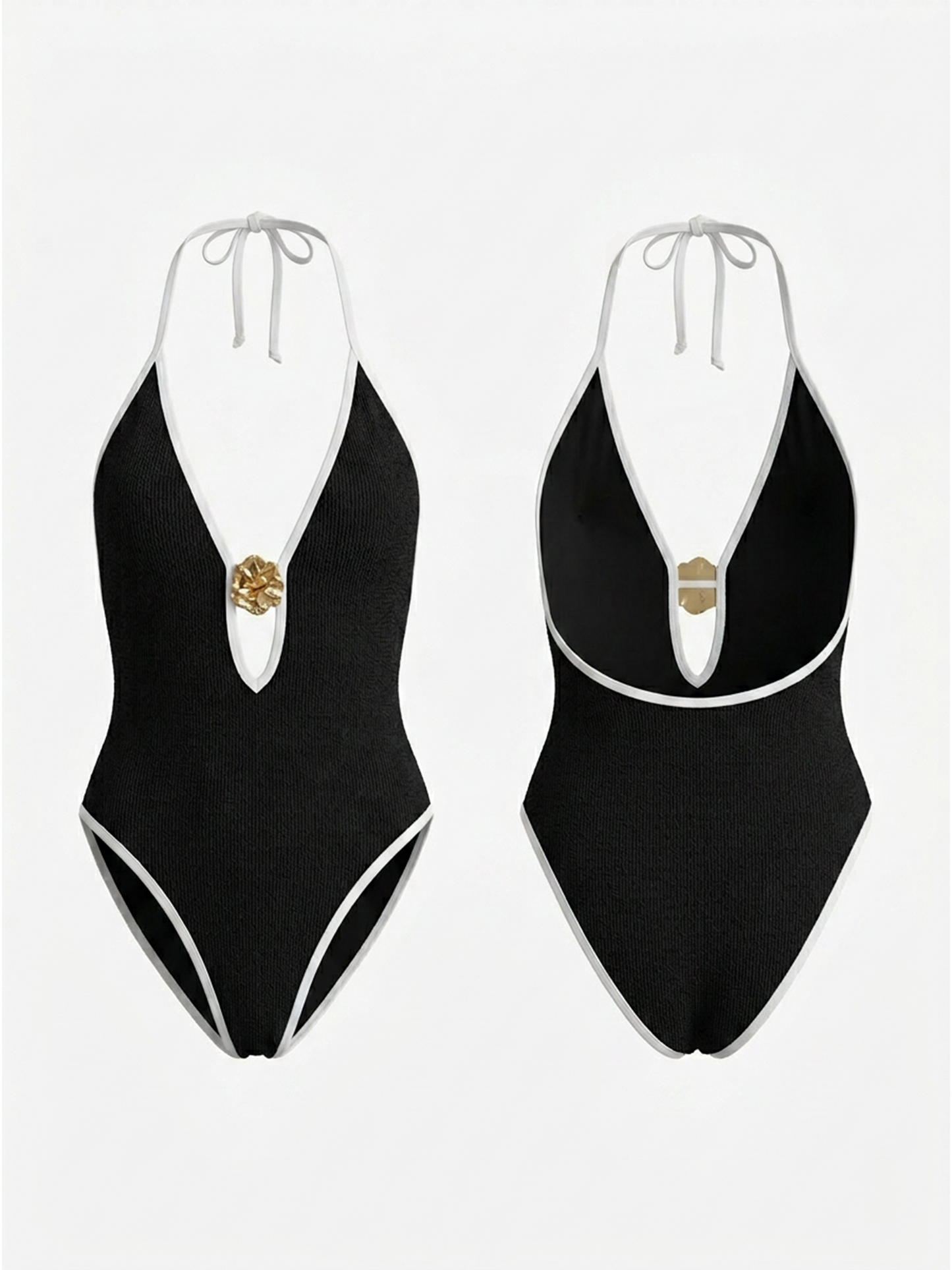 Black White Contrast Trim Halter Shell Buckle Cutout One Piece