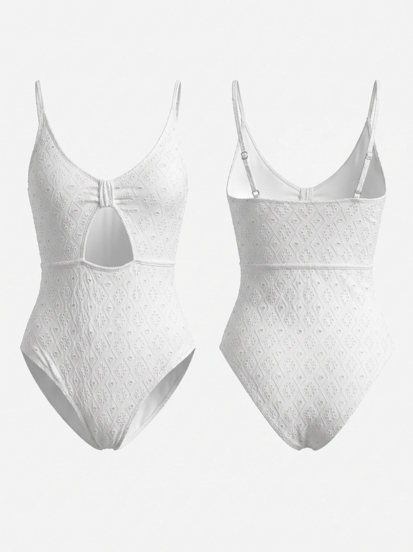 White Eyelet Textured Front Knot Cutout Thin Strap One Piece