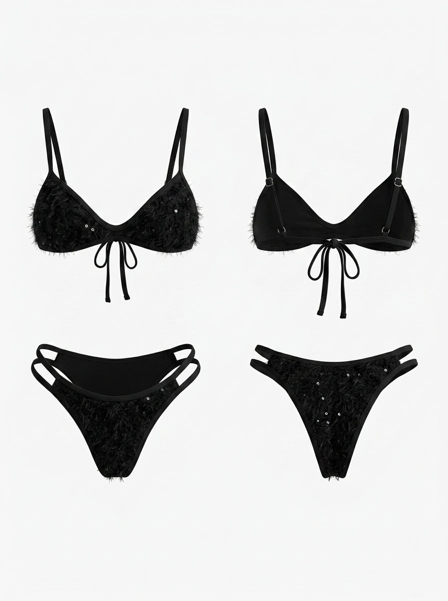 Black Fuzzy Sequin Spaghetti Strap Bikini Set