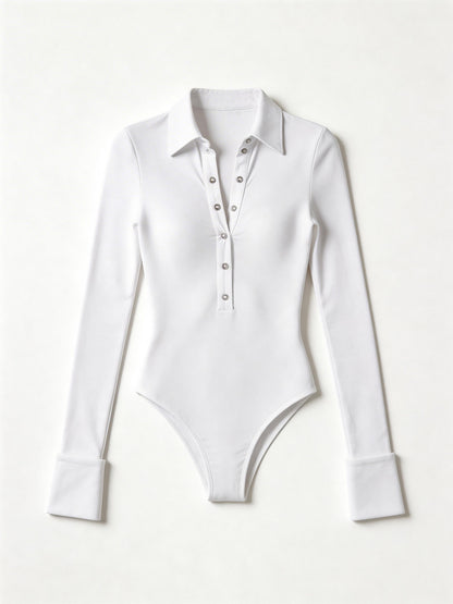 Lapel Button Long Sleeves Bodysuit