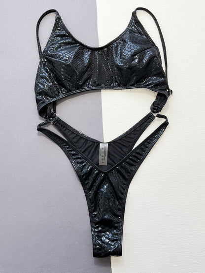 Snake Print Faux Leather Backless One Piece