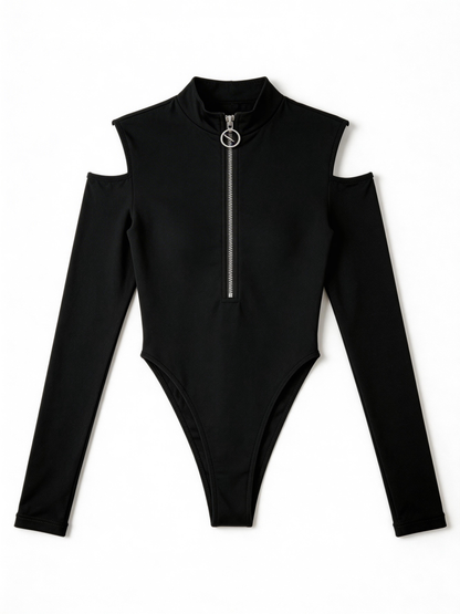 Sexy Hollow Out Off Shoulder Zipper Long Sleeve Bodysuit