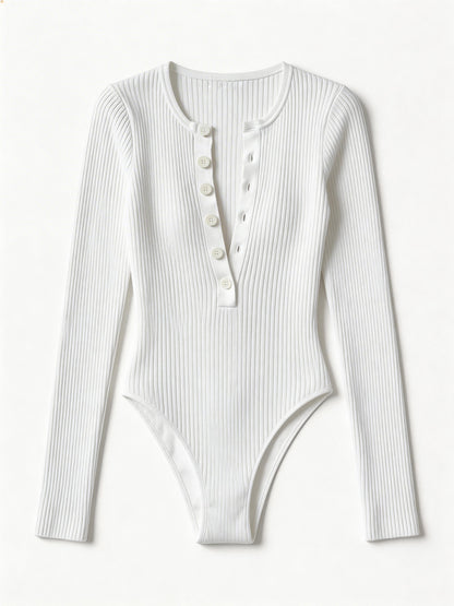Sexy V-Neck Buttoned Knit Long Sleeve Bodysuit