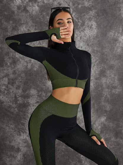 3 Pieces Long Sleeve Zippers Fitness Suit